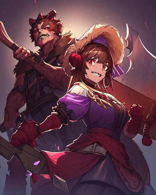 girl, brown hair and freckles on her cheeks, red eyes, has sharp teeth, wears a male battle outfit, has a large axe, hair covers one of her eyes, she is tall and strong, her main color is purple and black