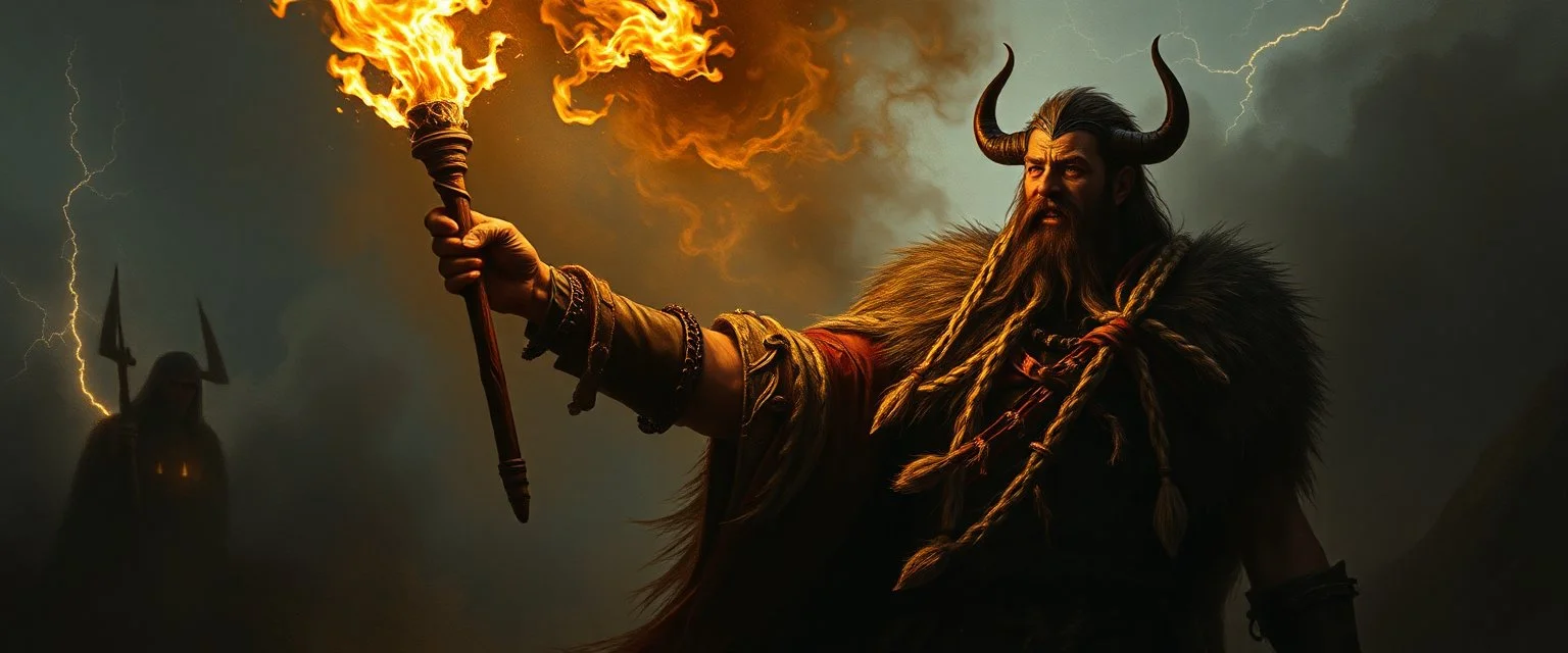 “With torch in hand, he set ablaze the vessel of his kin, His smile widening to a grin most infernal. Dareth and Lyssa beheld his shadow, immense and dread, An aura of silent thunder and chain-lightning encircling him.” in the style of Rembrandt.