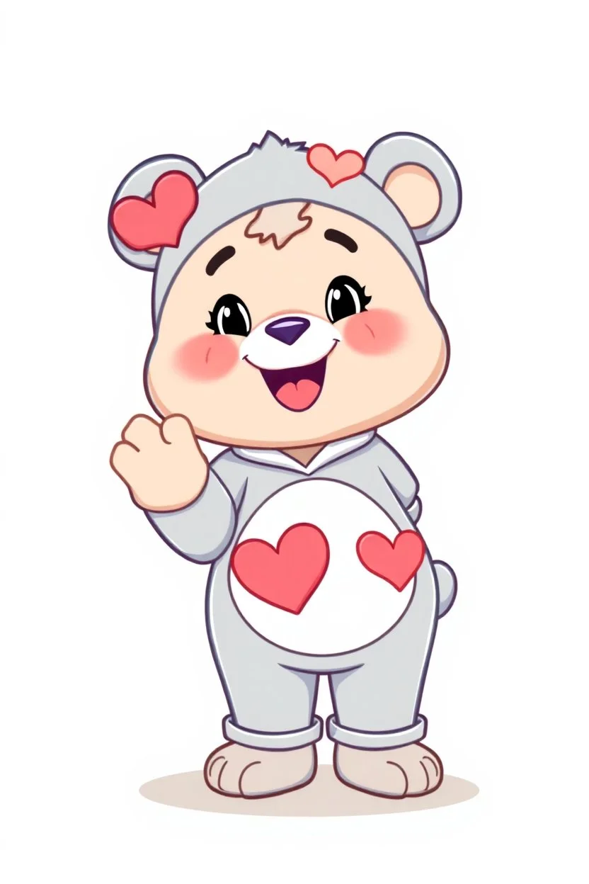 labubu dressed as a care bear, cartoon on solid background color