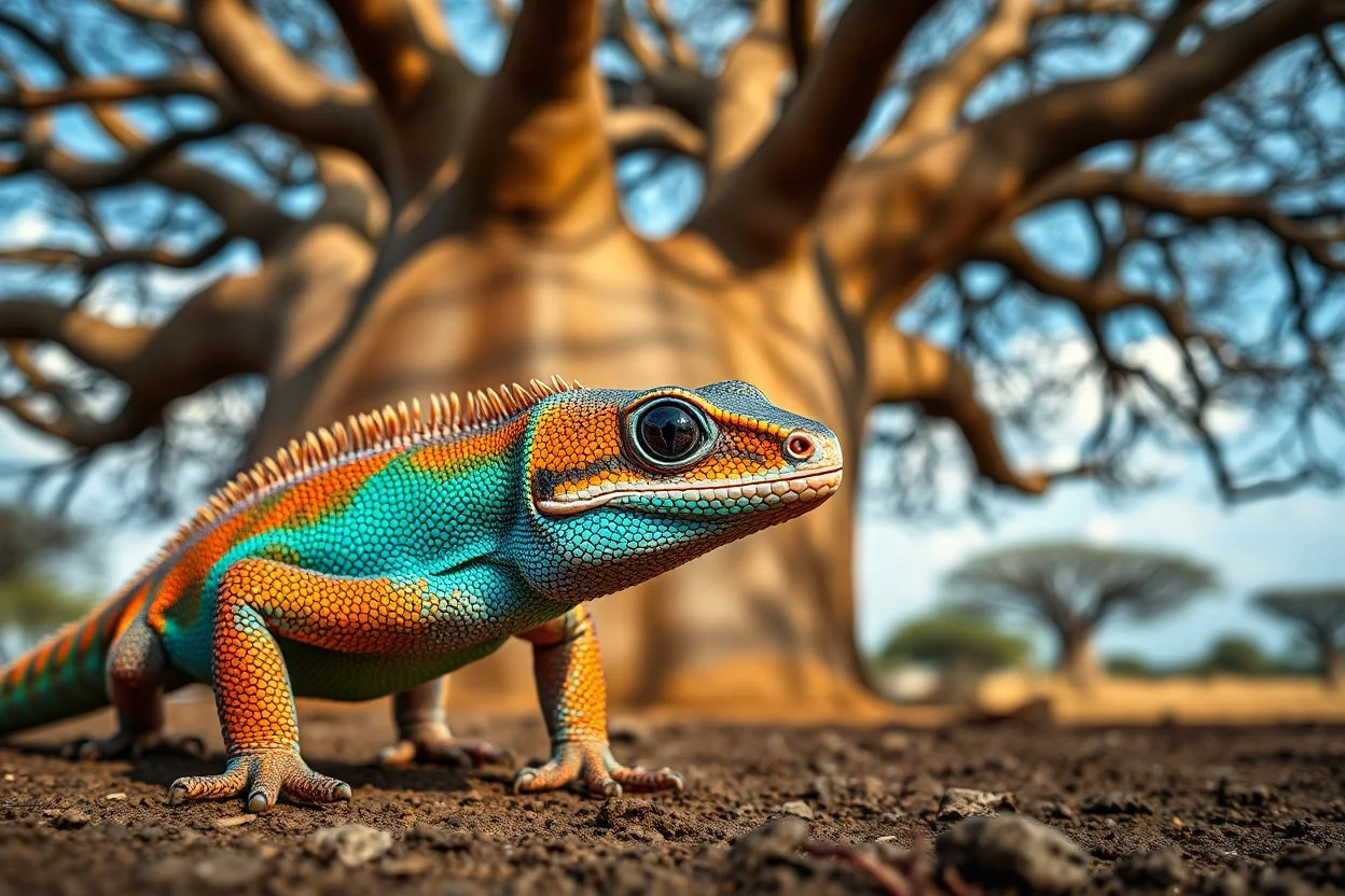 Hyperrealistic portrait of exotic gecko with rainbow iridescent scales in turquoise, orange, gold tones, dark sapphire eyes, walking under majestic baobab tree canopy, African savanna setting, dramatic lighting, award-winning wildlife photography, extremely detailed textures --ar 4:5 --v 7 --style raw --q 2