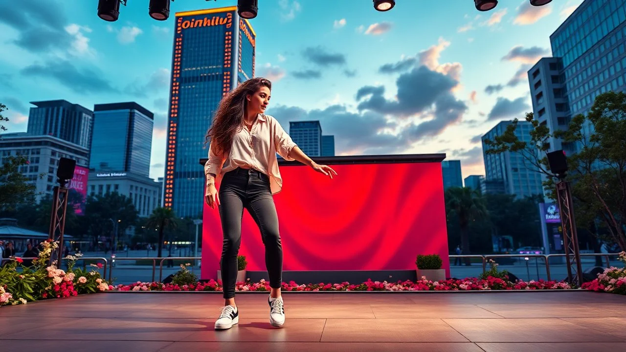 beautiful lady with makeup in pants and pretty shirt curvy long hair sport shoes dancing in a open stage in a modern city cnter,modern city escape at dintant ,flowers and trees ,pretty clouds