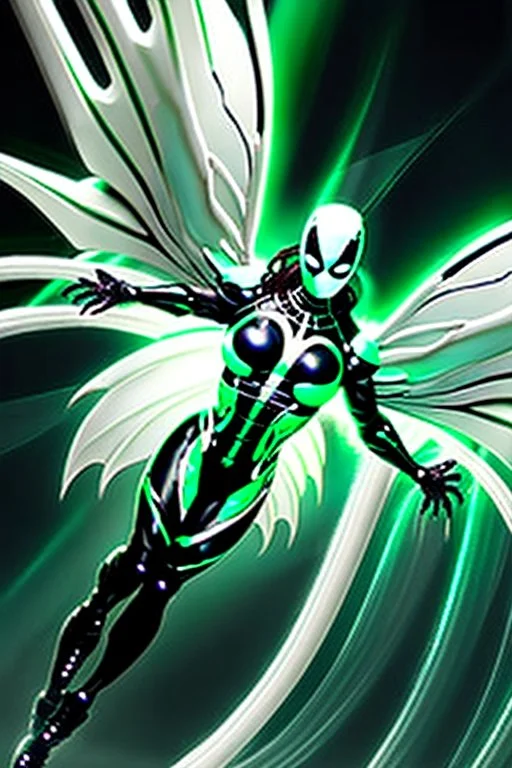 Cyborg symbiote, white color, green color, tendrils, high tech, cyberpunk, biopunk, membrane wings, carbon fiber