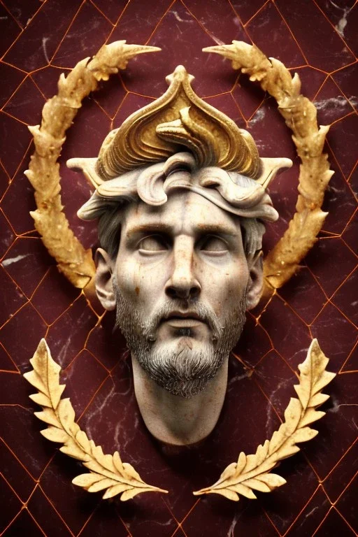 Ultra Realistic image, Roman sculpture, white marble material, Lionel Messi, gold Laurel leaves wreath, renaissance ornaments, one gold star in heart, marble background, chisel style, waist up portrait, emperor style, epic, celestial, cinematic lighting, God light, god rays, 4k resolution, smooth details, ornate details, soft lighting, unreal engine 5, art station, substance 3d.