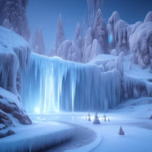 Ice palace in the snow, frozen waterfall, grand, John Howe, unreal engine, artstation,