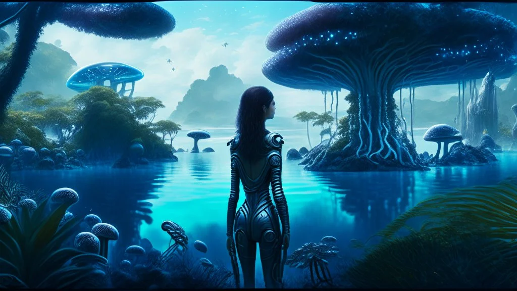 detailed matte painting of a wide-angle shot of a woman standing on the right-hand side of an alien beach, with dark hair in a silver robotic catsuit, many floating mushrooms with jellyfish tentacles, alien jungle trees in the distance, deep colour