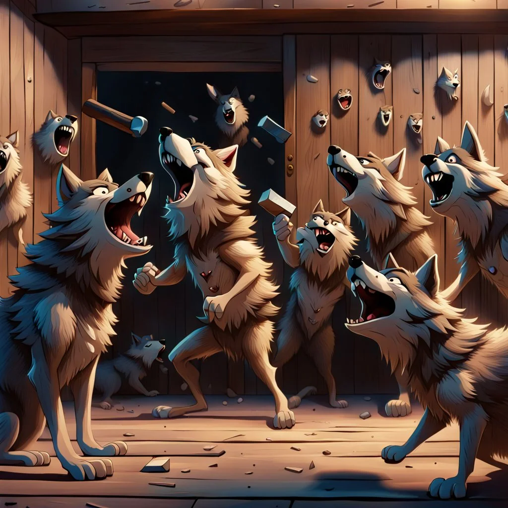 A group of anthropomorphic wolves react in surprise as one large hammer flies in the air against the wall of the wooden building. in the background other anthropomorphic wolves watch the scene unfold with expressions of shock and with surprise faces. one young anthropomorphic wolf in bodyhair stands in the foreground held up empty two paws, high realistic, detailed,dark fantasy mood, rain, cinematic