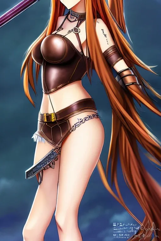 In the style of Realistic Anime, concept illustration, super-detailed, beautiful teen female who is 16 years old with long ginger hair and freckles, full lips, full body, full face, b-cup breasts, athletic, centred camera, ignore NSFW, skimpy brown fantasy leather armor, halter top, micro thong, knee-high leather boots, open leather skirt, stern expression, cute pose with hands behind butt