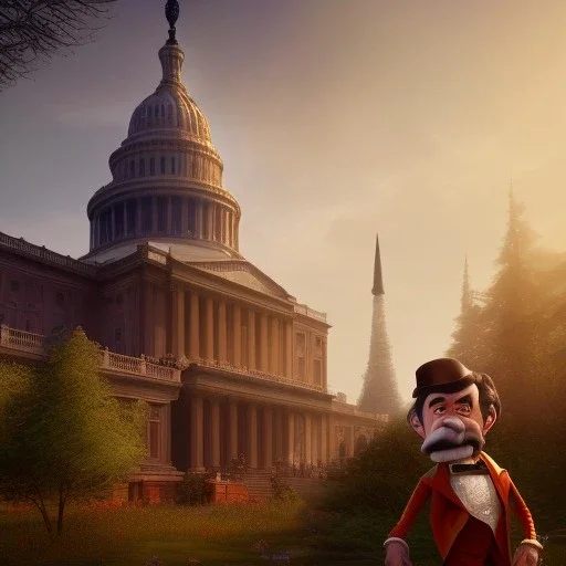 pixar style, volumetric Capitol building environment and background, realistic painting of a cute midget abraham lincoln with stovepipe hat, looking excited, volumetric lighting, dramatic lighting, detailed digital painting, anime, ornate, colour-washed colors, elegant, small minutiae, tiny features, particulars, centered, smooth, sharp focus, renderman gofur render, 8k, uhd, detailed eyes