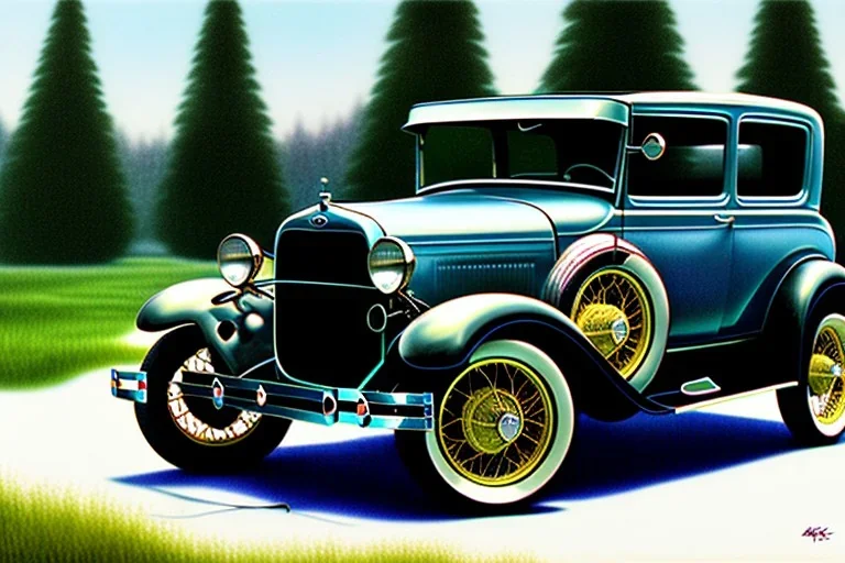 a true-to-life 1928 ford model a sedan, classic wheels, centered, intricate, extreme detailed, photorealism, center view, suburb background, pivot on ford, pen and color marker, painting by cheryl kelley