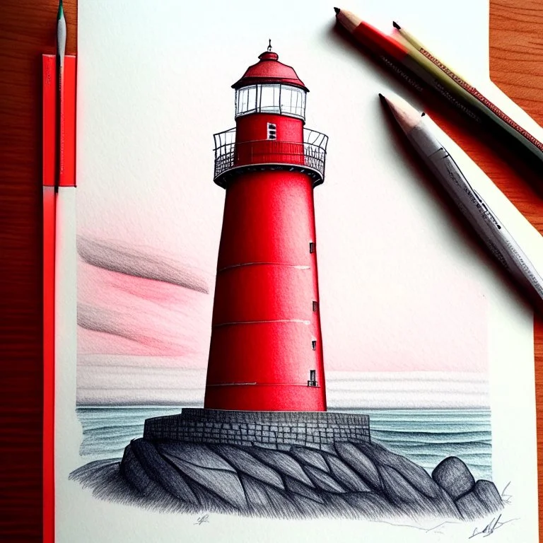 A metallic colored pencil drawing of the red lighthouse Sletringen Lighthouse in Norway