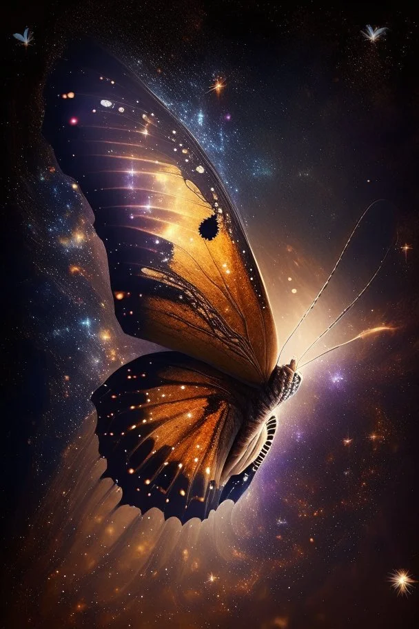 A light luminous brown butterfly in a galaxy of stars in space