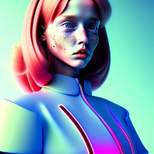 redhead woman teenager, freckles, padded coat, retro futuristic, latex dress, gradient color, BLUE, PINK, CYAN, neon, insanely detailed, 16k resolution, perfect eyes, cinematic smooth, intricate detail