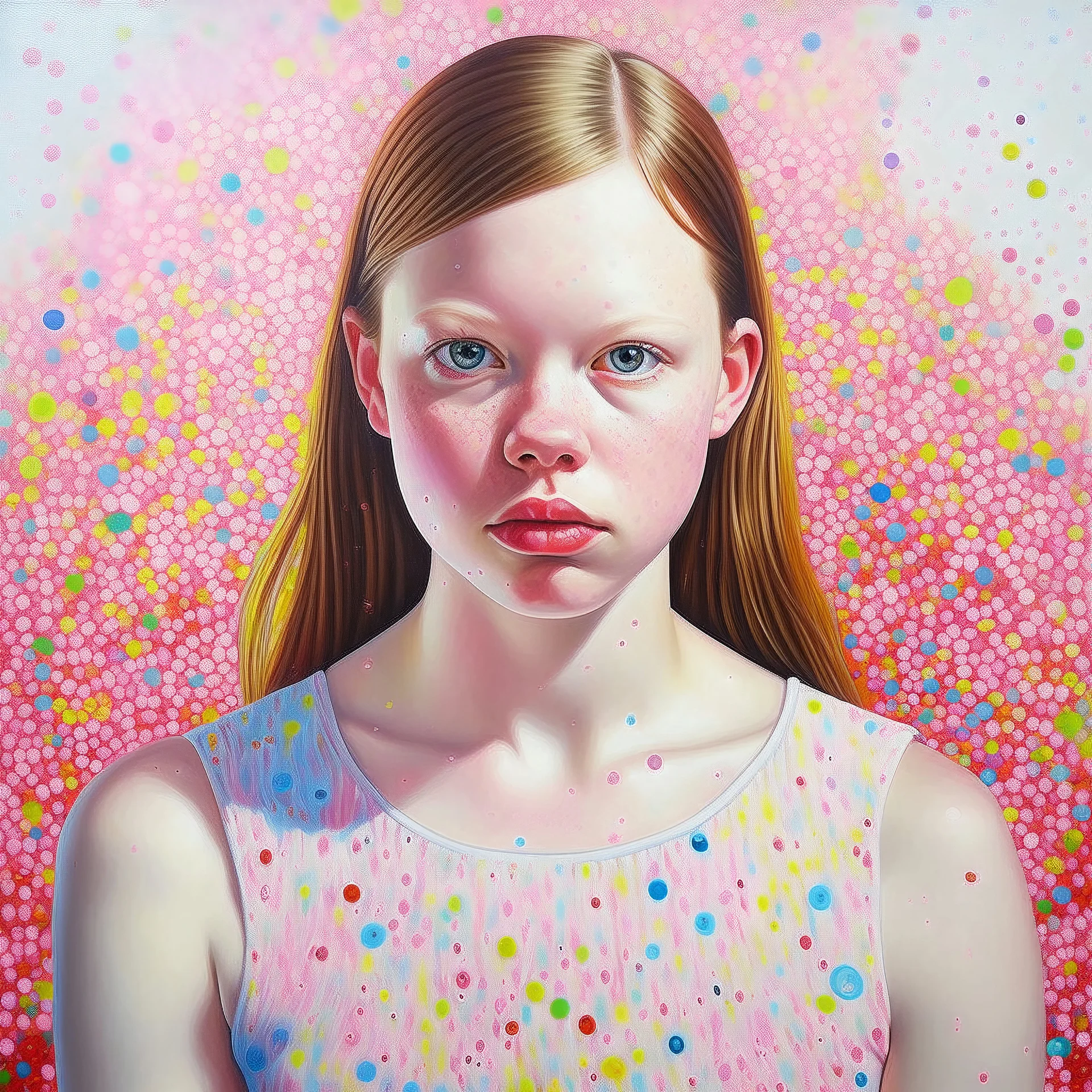 Pointillism painting of Mia goth, Cotton candy dress,rosy cheeks
