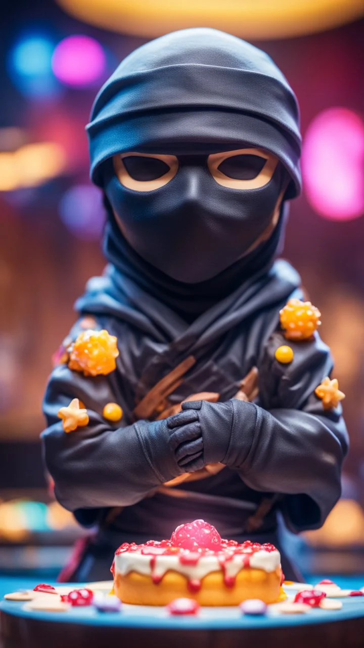 portrait of cute ninja with jelly man mask , baker of the highest many storied advanced art ninja star cake sculpture during a casino game show, bokeh like f/0.8, tilt-shift lens 8k, high detail, smooth render, down-light, unreal engine, prize winning