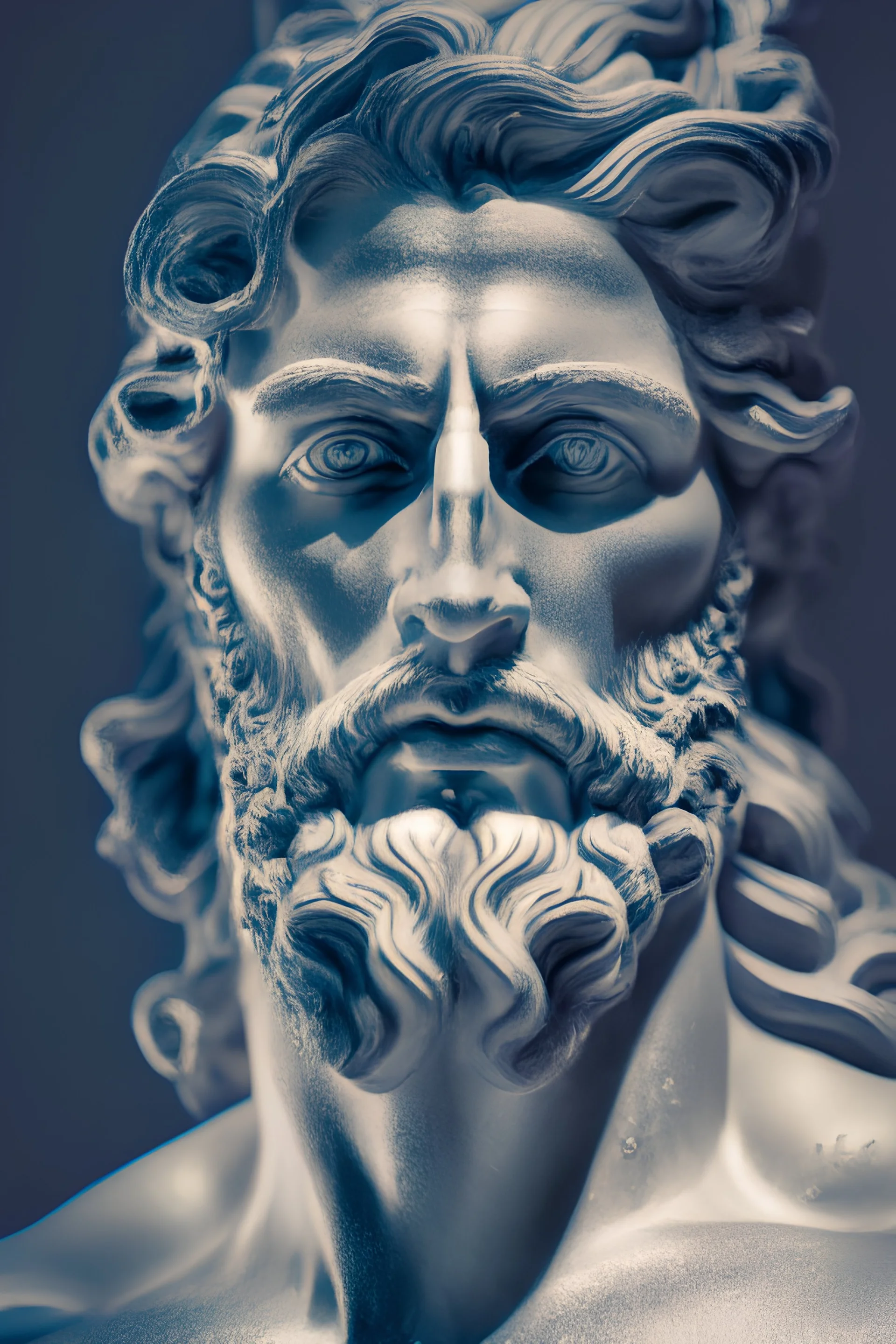 male face of the mythical gods Poseidon, black and white face straight view