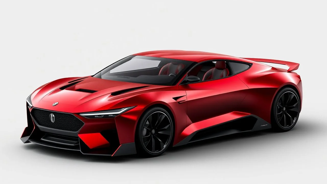 “Design a sleek, modern Chinese muscle car with a bold, aggressive stance. The car should feature a dark metallic red exterior with sharp, angular lines and a low, wide body. Equip it with prominent air vents, a black grille, and sporty alloy wheels. Add distinctive LED headlights and a rear spoiler. The interior should have high-tech digital displays, leather seats with red stitching, and a driver-focused cockpit. Emphasize a blend of traditional Chinese elements with cutting-edge design.”