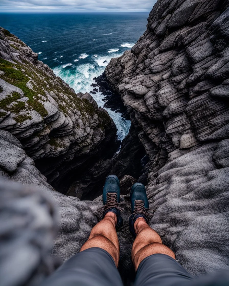 from the point of view of a rock climber, look down at the ocean rocks below as you climb high into the bluffs of ireland. holding on to the cliff face, the ocean below storms and swirls around a giant whirlpool