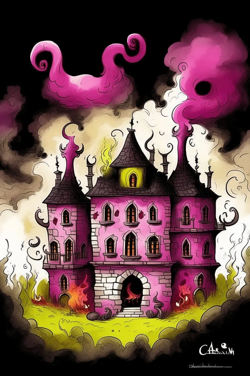 A blackish magenta demon chateau with chaotic fire designed in Lascaux cave paintings painted by Hashimoto Gaho