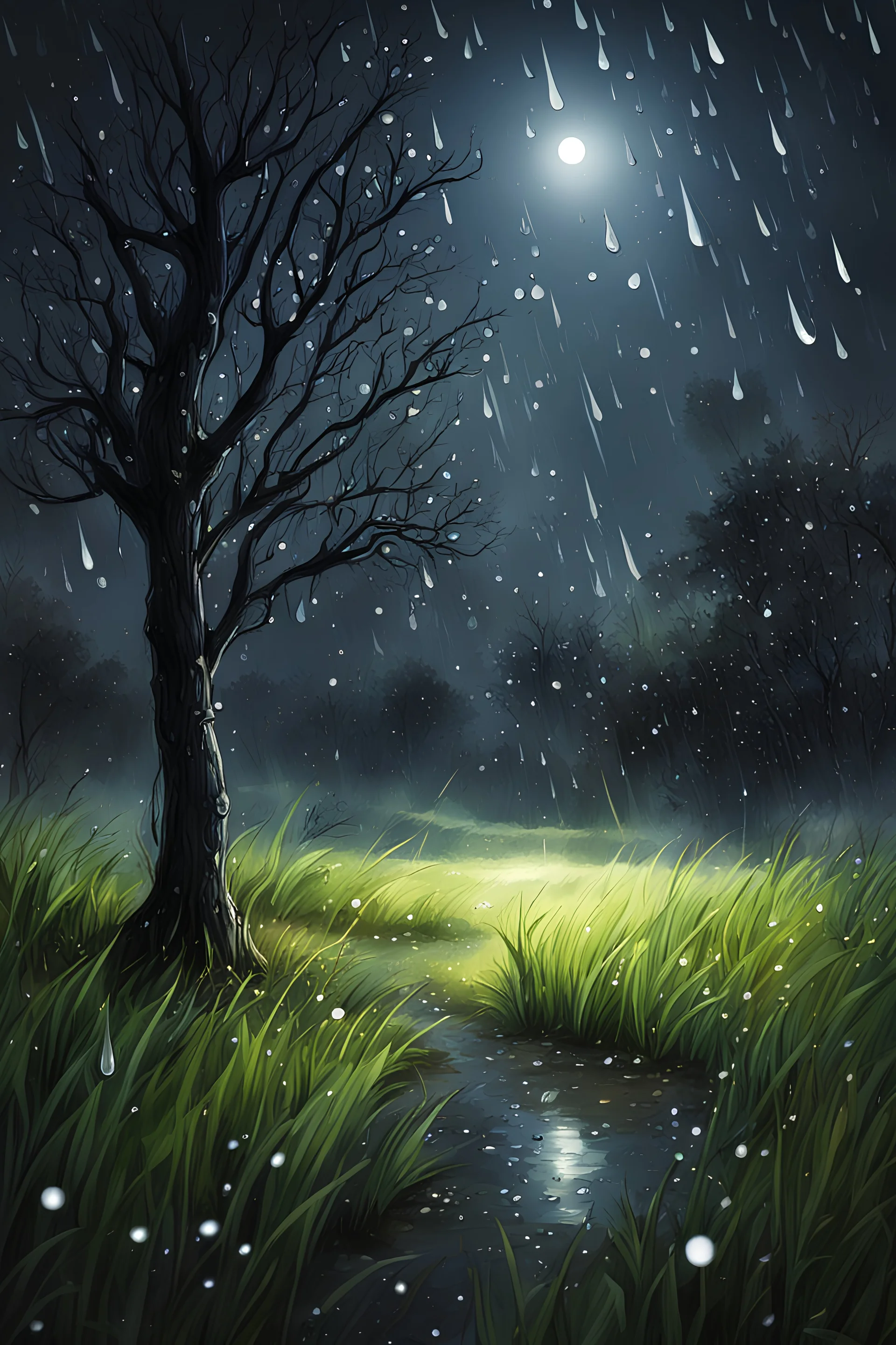 raindrops at night , moonlight, trees, grass