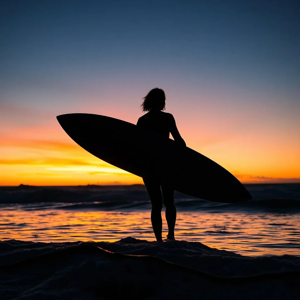 Silhouette of a female surfer holding a surfboard looking out at the ocean at twilight, dramatic stunning photograph, waves