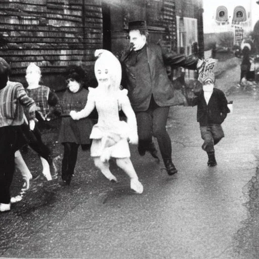 Creepy old photo of rainbow zippy monster chasing children at new year