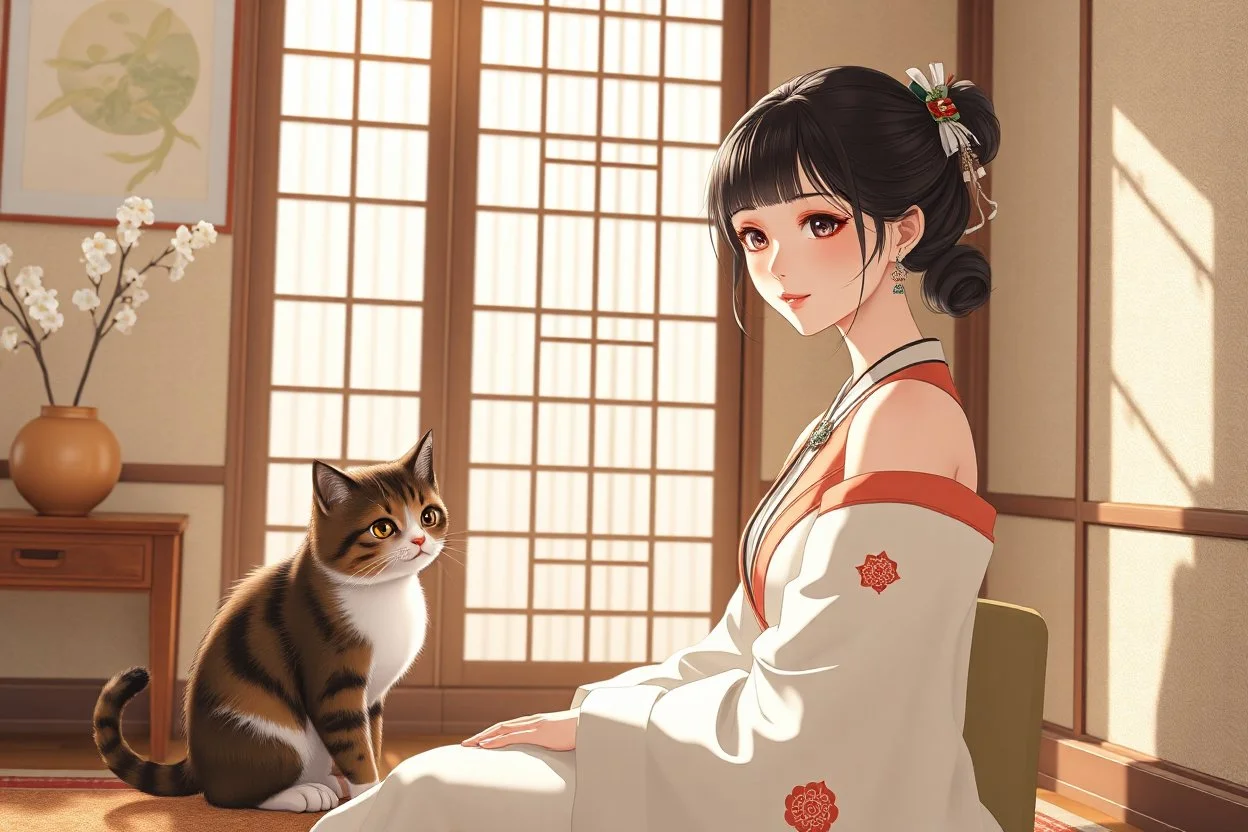 ukiyo-e, 3D characters, an elegant pretty young woman in an elegant beige-white-brown room S<AI in sunshine, cute tabby cat