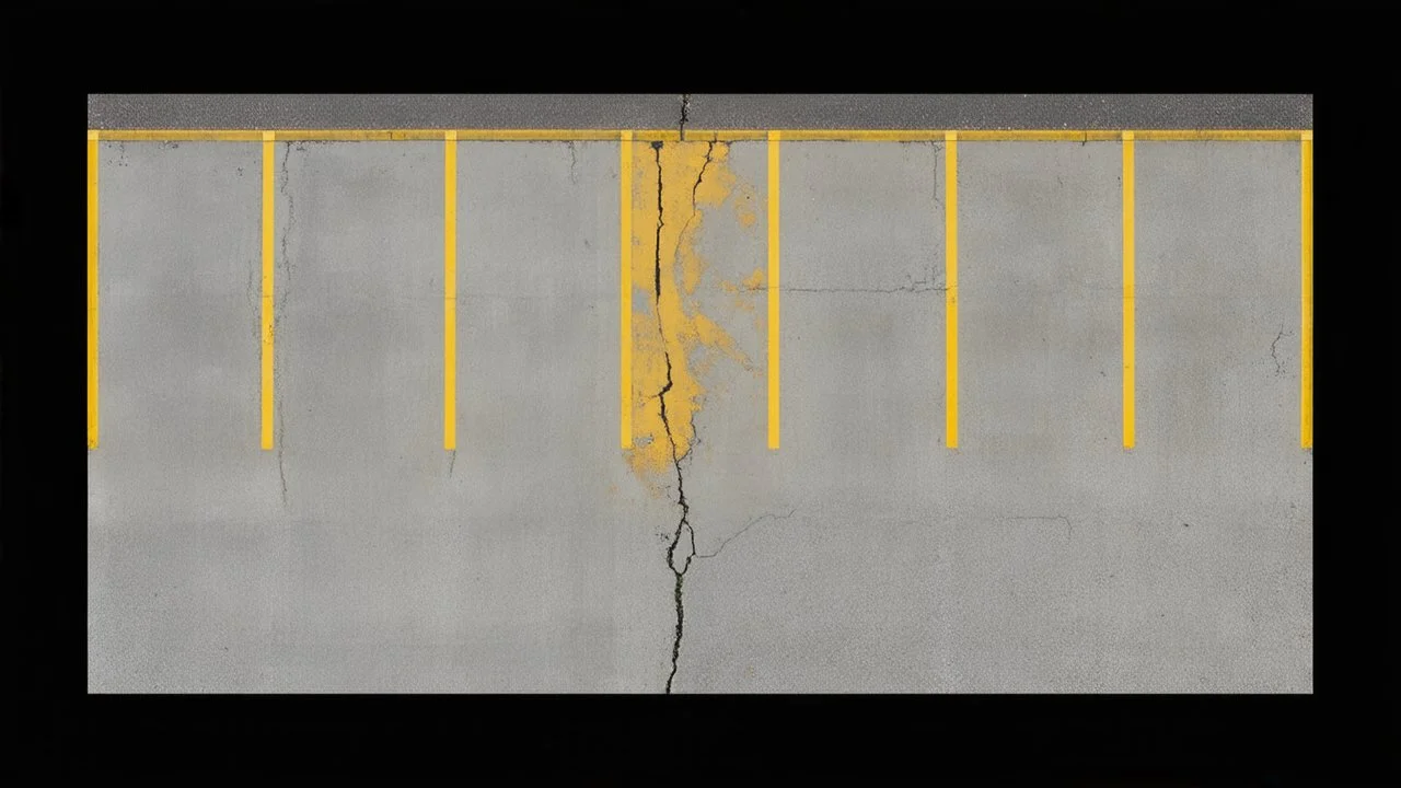 Ground layout for a covered concrete parking lot. Add skidmarks, oil ground stains, cracks and weathering. and make a little darker