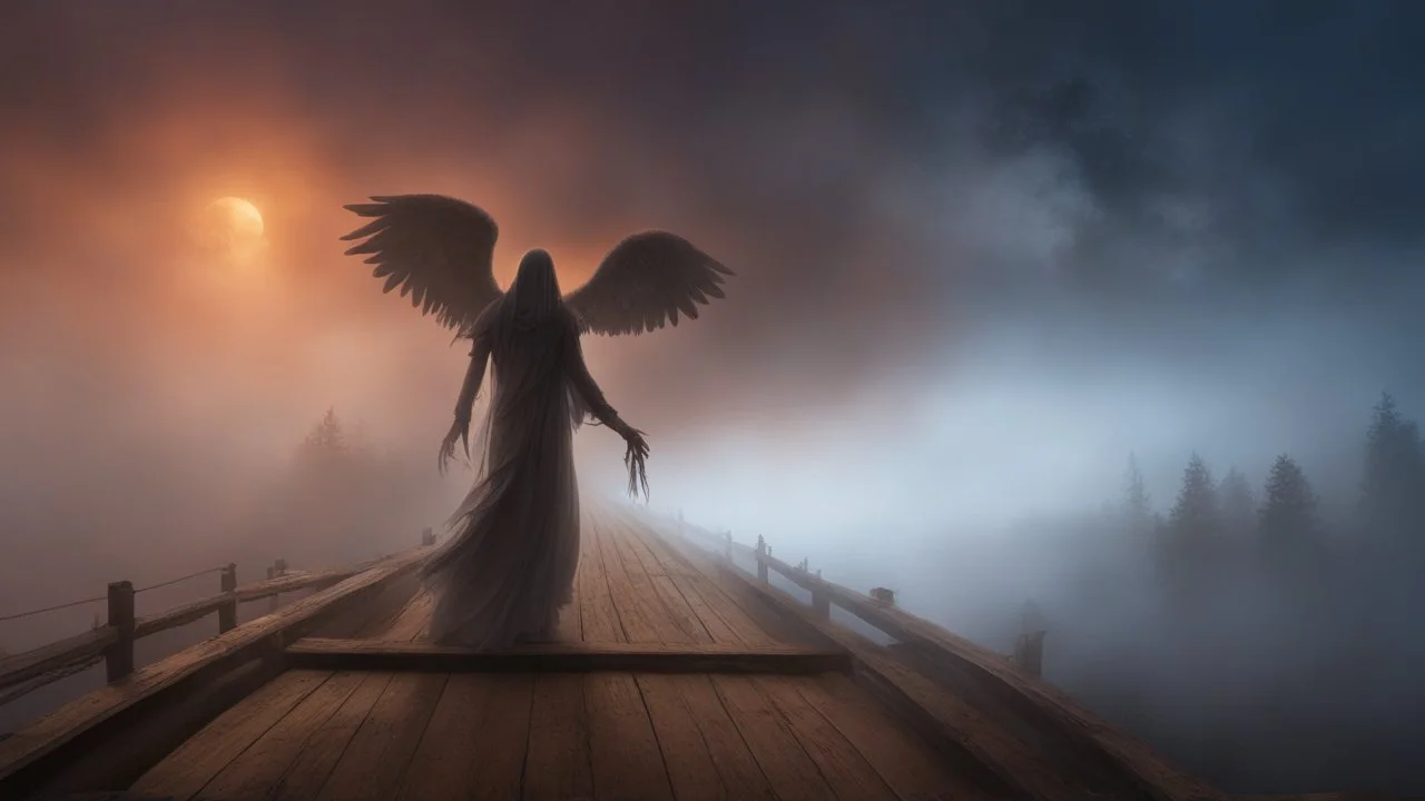 walking straight ahead over a wooden bridge, holding the angel of death with your right hand, entering the fog at the end of the road that leads to the afterlife, and a beautiful sunset and galaxy's behind the fog, realistic