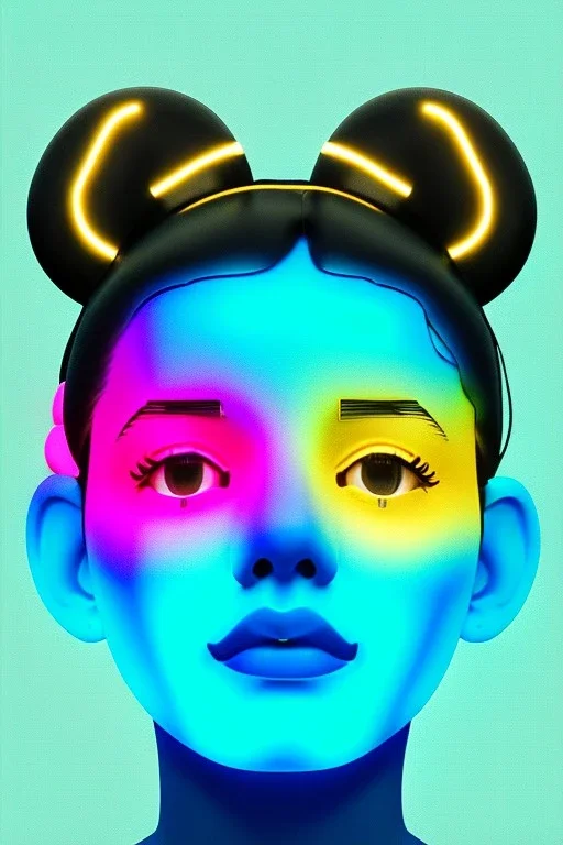 Rosalía artist, Realistic image, natural waist up portrait, perfect eyes, glow eye, black eye line, sweet face, pigtails hair, spray line make up, glow, geometric, gold, big rings piercing, led ornament, bubble latex coat, inflatable, cold, led lights, minimal, neon, pink, blue, gold, vibrant color, highly detailed, art stations, concept art, smooth, unreal engine 5, god lights, ray tracing, RTX, lumen lighting, ultra detail, volumetric lighting, 3d, finely drawn, high definition, 4k.