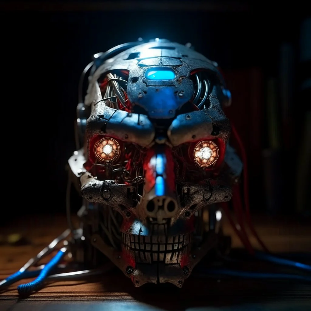 half destroyed robot head lying on a wooden surface, silver face parts, rgb lights rugged face, strings and metal pieces sticking, blue and red eyes bright glow lights, inner machinery look, oil leak, cinematic macro shot,