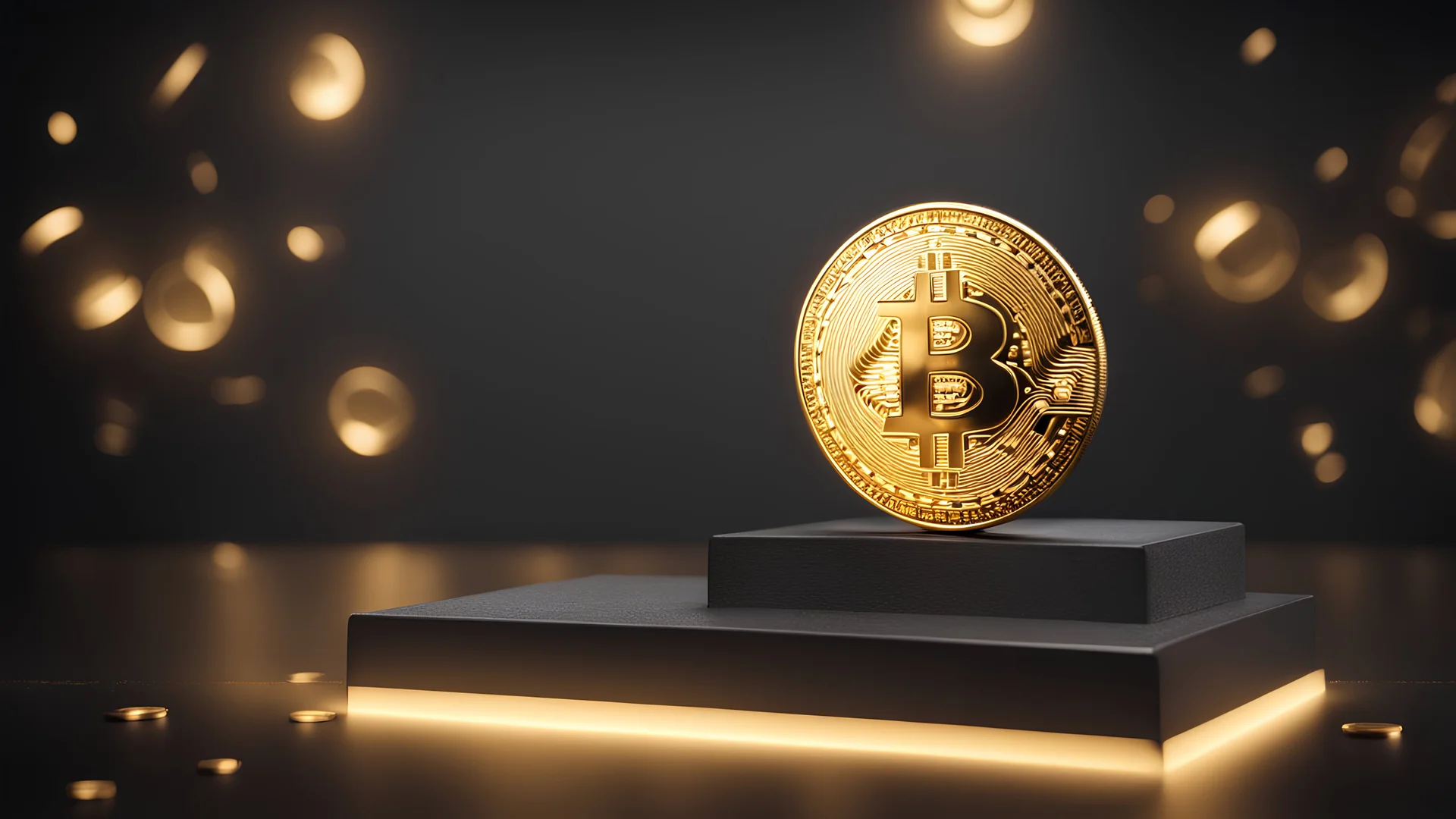 A gold bitcoin on a golden podium, dark background with glow. Btc Digital Cryptocurrency, Technology crypto currency concept with copyspace for text