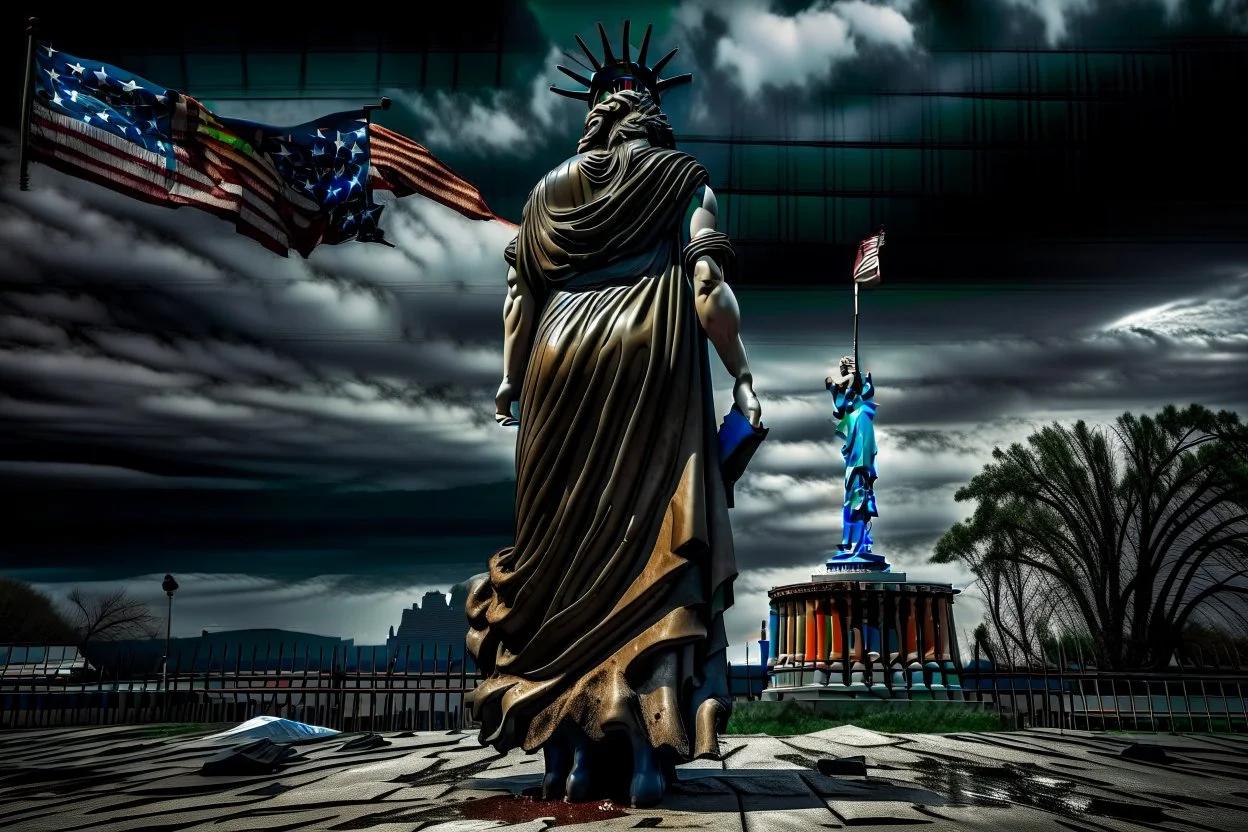 the statue of liberty, dress dirty and torn, her face solemn and terse, trash littered at her feet, she holds a crumpled american flag, she walks away with back turned under a dark and dreary sky, wide angle