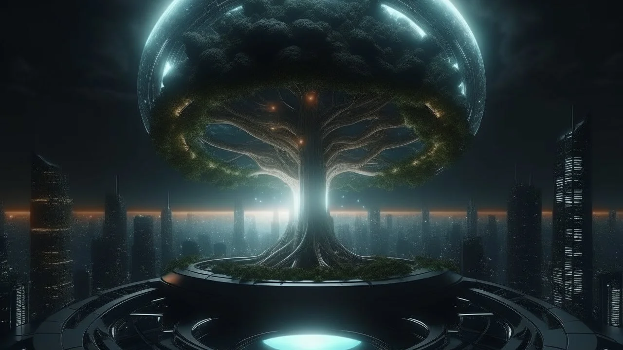 the last tree, city of the future year 4222, portal to space, very realistic, 4K