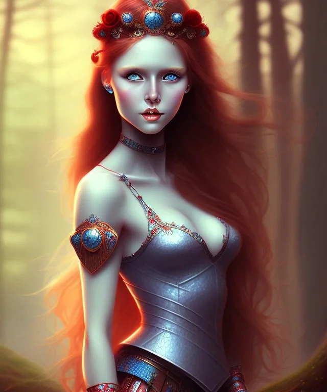 beautiful girl, red long hair, corsage, smile, blue eyes, große oberweite, kriegerin im wald fantasy art