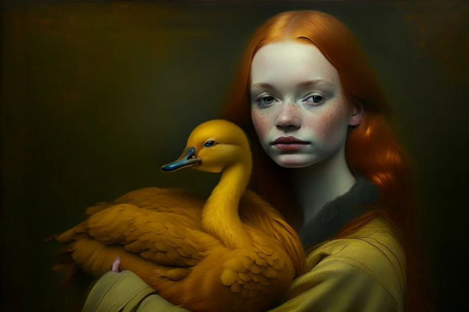 Beautiful golden red hair girl holding duck portrait in ochre, moody, somber, desaturated colors