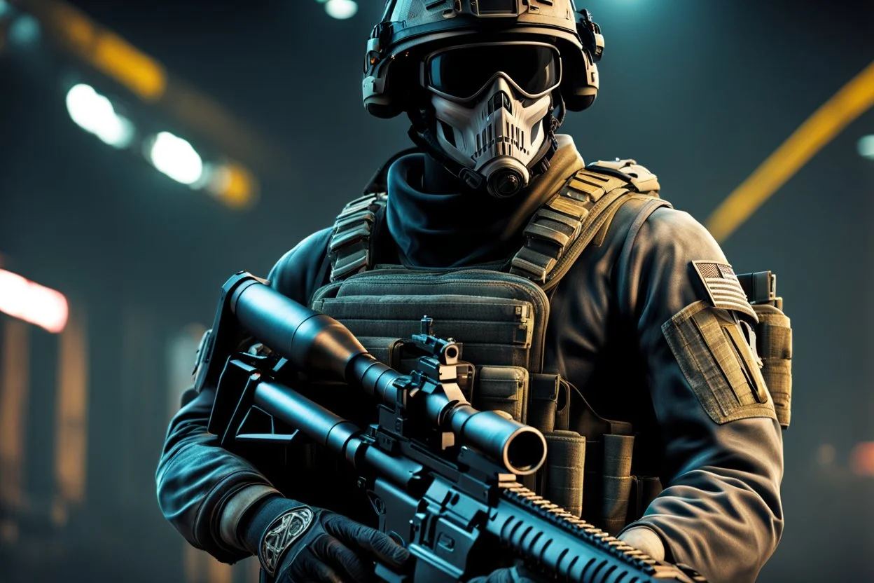 Soldier Ghost with skull mask and Body parts mechanism in 8k realistic cgi drawing style, call of duty them, close picture, neon, intricate details, highly detailed, high details, detailed portrait, masterpiece,ultra detailed, ultra quality