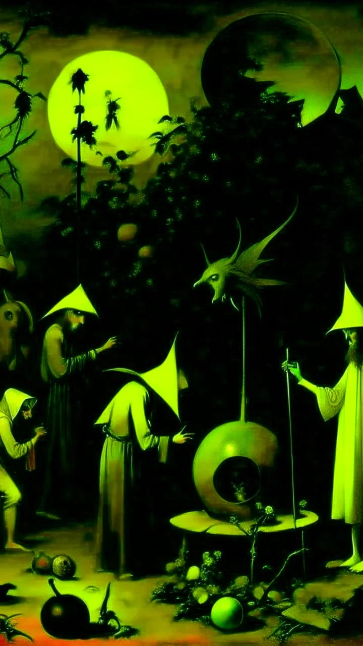some mysterious figures, odd background, cinematic, Hieronymus Bosch, Max Ernst, vegetal life, rotten, ambient light, cry, ritual