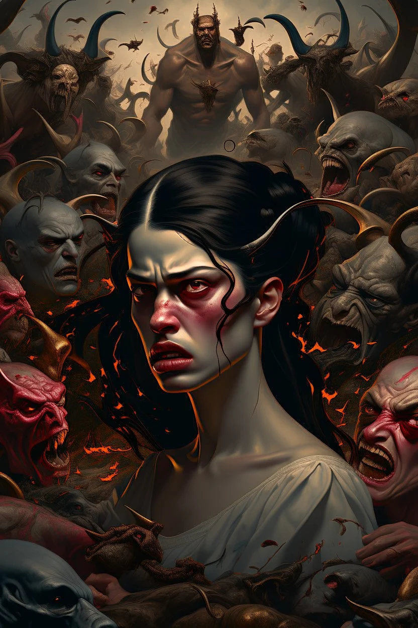 Bosch nightmares paint inf style Title: "a beautiful girl , surrounded by angry faces , insanely detailed octane render trending on artstation, 8k artistic photography, photorealistic concept art, soft natural volumetric cinematic perfect light, chiaroscuro, award-winning photograph, masterpiece, oil on canvas, Raphael, Caravaggio, Greg Rutkowski, people, beksinski, Giger