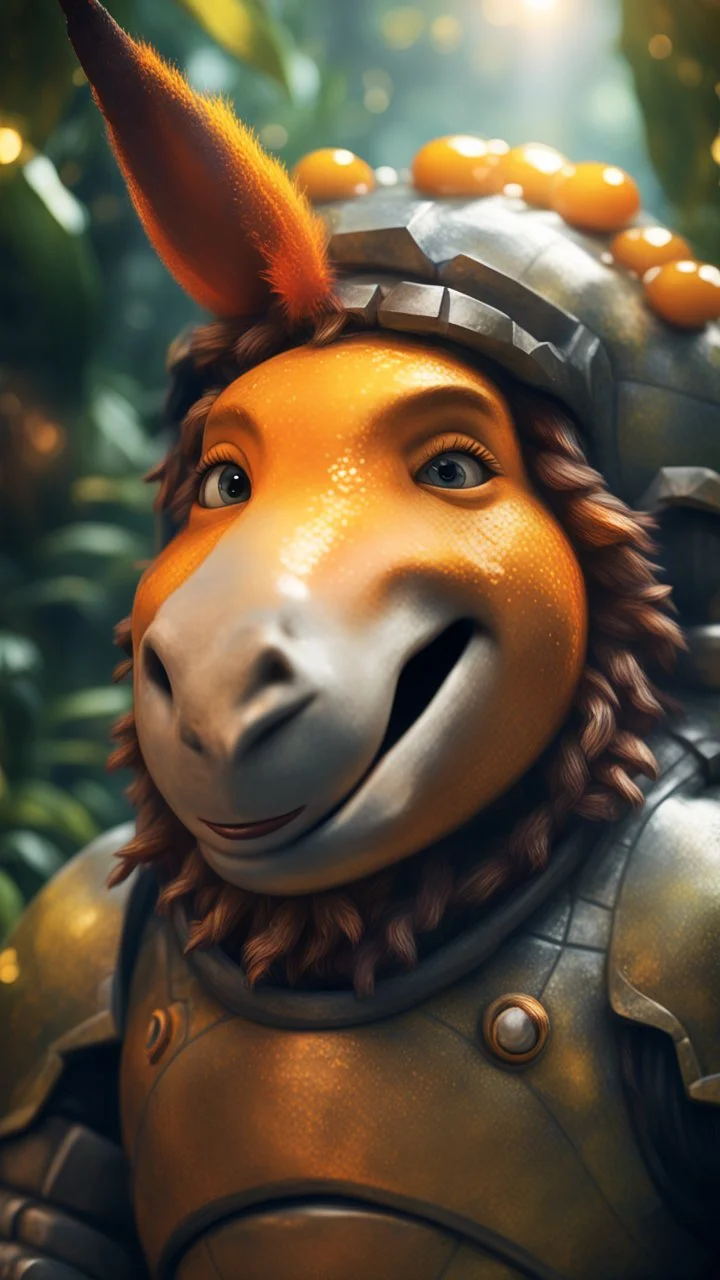 close up, magazine cover, smiling with front teeth, metallic yellow orange donkey turtle knight with friendly cute face and hair locks in dark lit reflective wet jungle metallic hall dome hotel tunnel, in the style of a game,bokeh like f/0.8, tilt-shift lens 8k, high detail, smooth render, down-light, unreal engine, prize winning