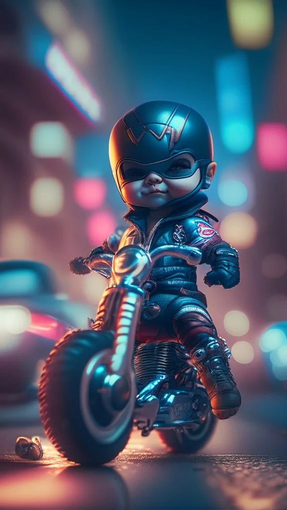 A Sharp Kawaii tiny hyper realistic baby captain america riding mini harley davidson, wearing bikers clothes with happy smile action, night of cyberpunk city background. wide angle full body, 8k, Cinematography, photorealistic,epic composition Unreal Engine,Cinematic, Color Grading, Portrait Photography,Ultra-Wide Angle, Depth of Field, hyper detailed