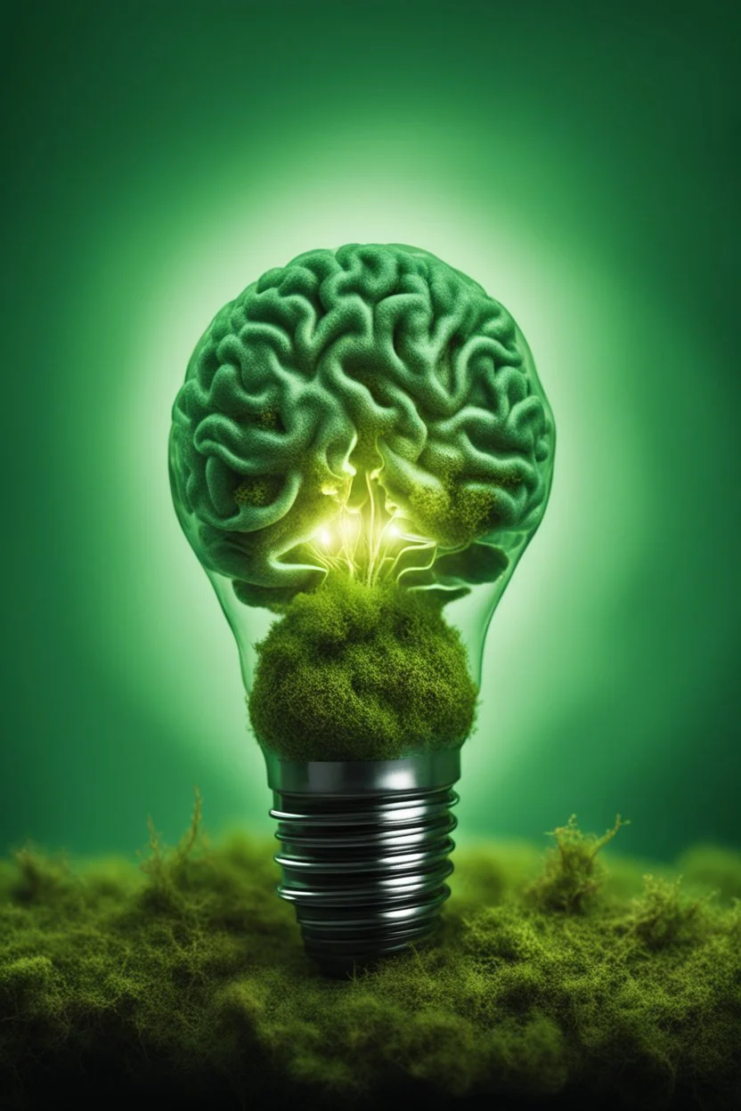 light bulb with brain illuminate inside on green background wuth moss. No light.Green Dark atmosphere