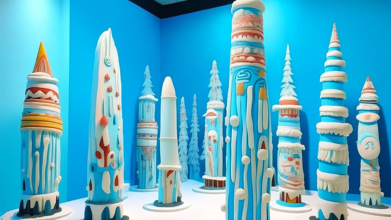 A light blue snowy wonderland with Pacific Northwest totem poles made out of ice cream painted by Wassily Kandinsky