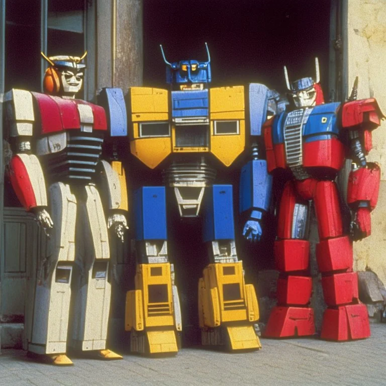 Optimus prime, bumblebee and ratchet in the line for theater in 1990, sitcom style tv show.