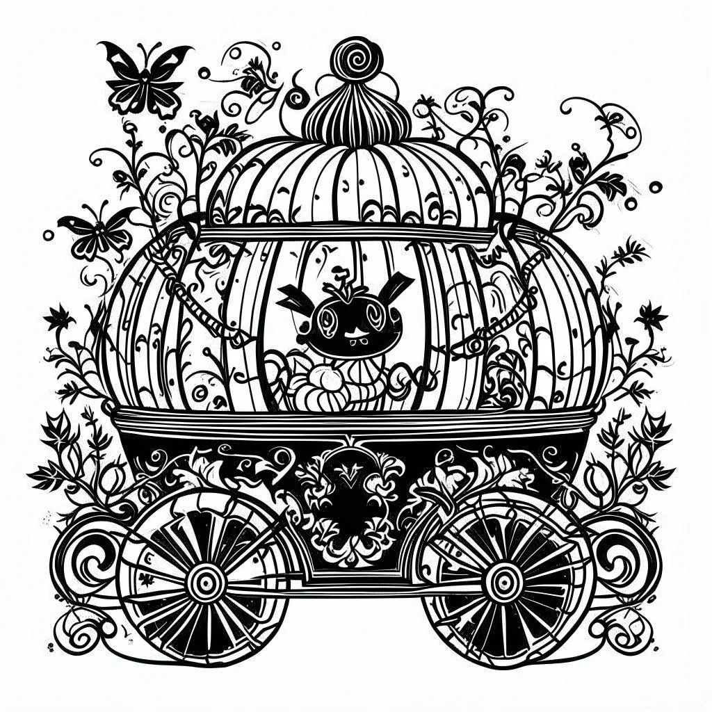 Make black and white cute drawing of a Pumpkin Carriage with black bold lines. Only outline, no grayscale. A large, glowing pumpkin transformed into a whimsical carriage with wheels made of vines and a golden roof. Include a cute mouse driver or magical sparkles surrounding the carriage.