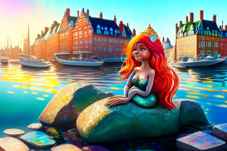 A beautiful and cute contented little mermaid sits on a rock in Copenhagen, in the water, her fins metallically shimmering and covered with precious colorful gems, with the buildings of Copenhagen in the background in the sunlight