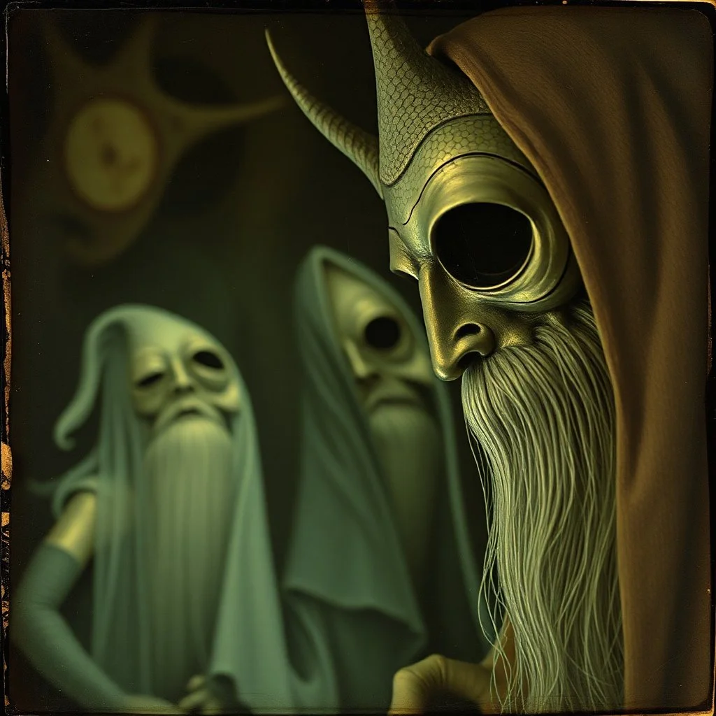 Daguerrotype close up some mysterious figures, odd background, Hieronymus Bosch Max Ernst ambient light, by Minicavio Quollati and Marlost Endgulp, Amano, Botticelli, Alphonse Mucha