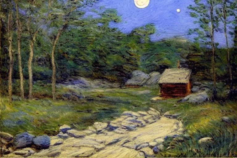 Night, moon, cabin, rocks, pathway, trees, grass, philip wilson steer impressionism painting