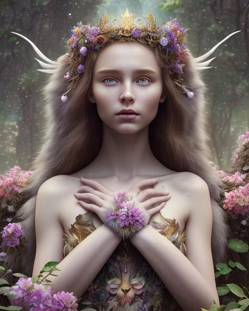 Young beautiful girl wearing floral crown with a stunning lion on nature forest path, Chronicles of Narnia, 8k resolution, high-quality, fine-detail, iridescent, intricate, digital art, detailed matte, volumetric lighting, beautiful, illustration, 3D octane render, brian froud, howard lyon, selina french, anna dittmann, annie stokes, lisa parker, greg rutowski,