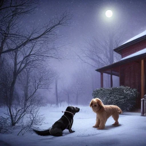 sad, scared, lonely dog tied with a short leash outside of a house, winter, 8k resolution, high-quality, fine-detail, intricate, digital art, detailed matte, volumetric lighting, illustration, 3D octane render, brian froud, howard lyon, selina french, anna dittmann, annie stokes, lisa parker, greg rutowski