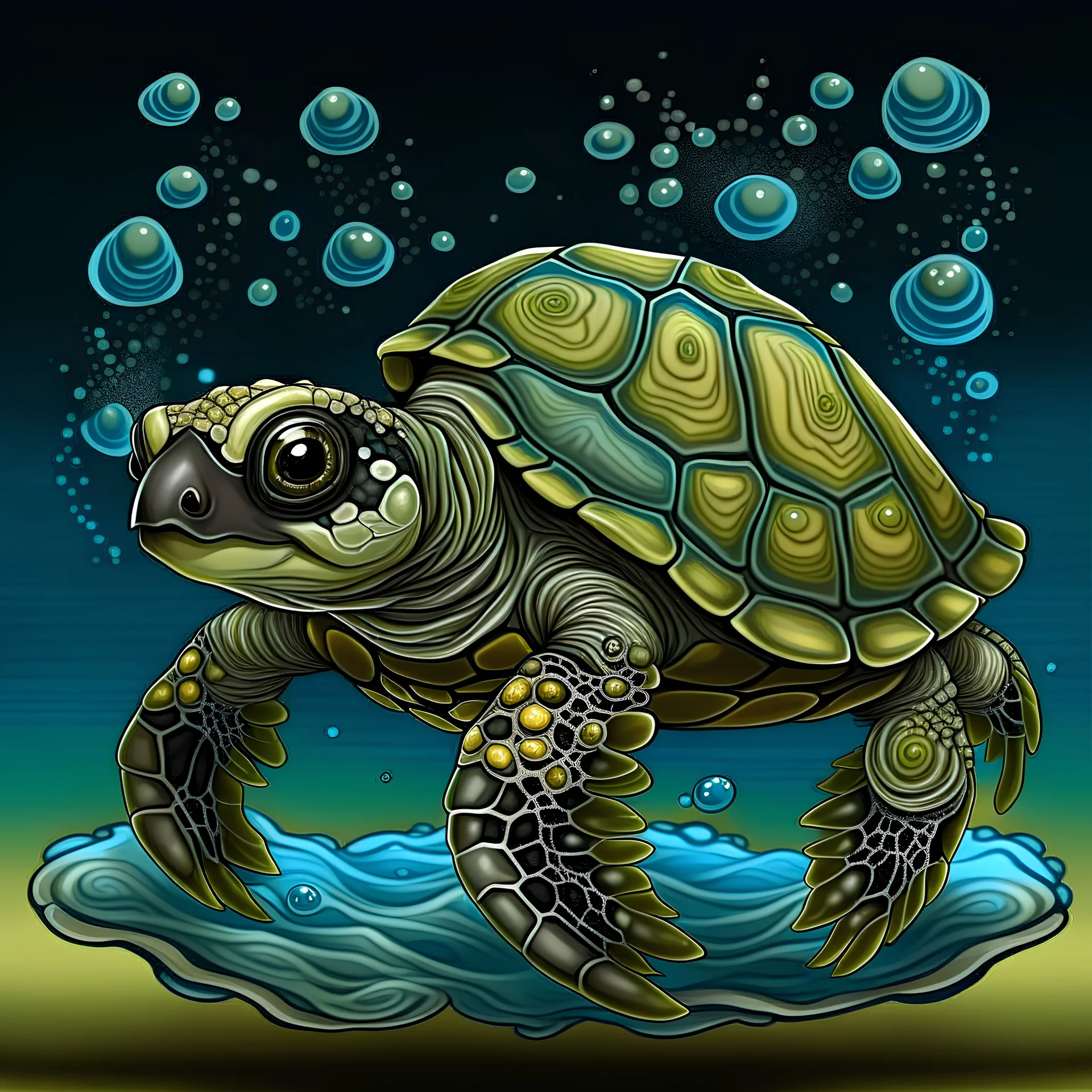 make a illustration of a tiny microscopic sea turtle